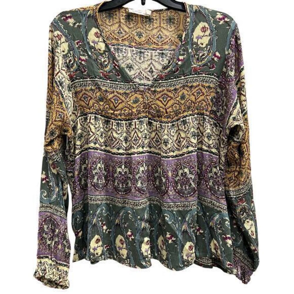 Millibon oversized y neck bohemian gypsy blouse India print purple sz S